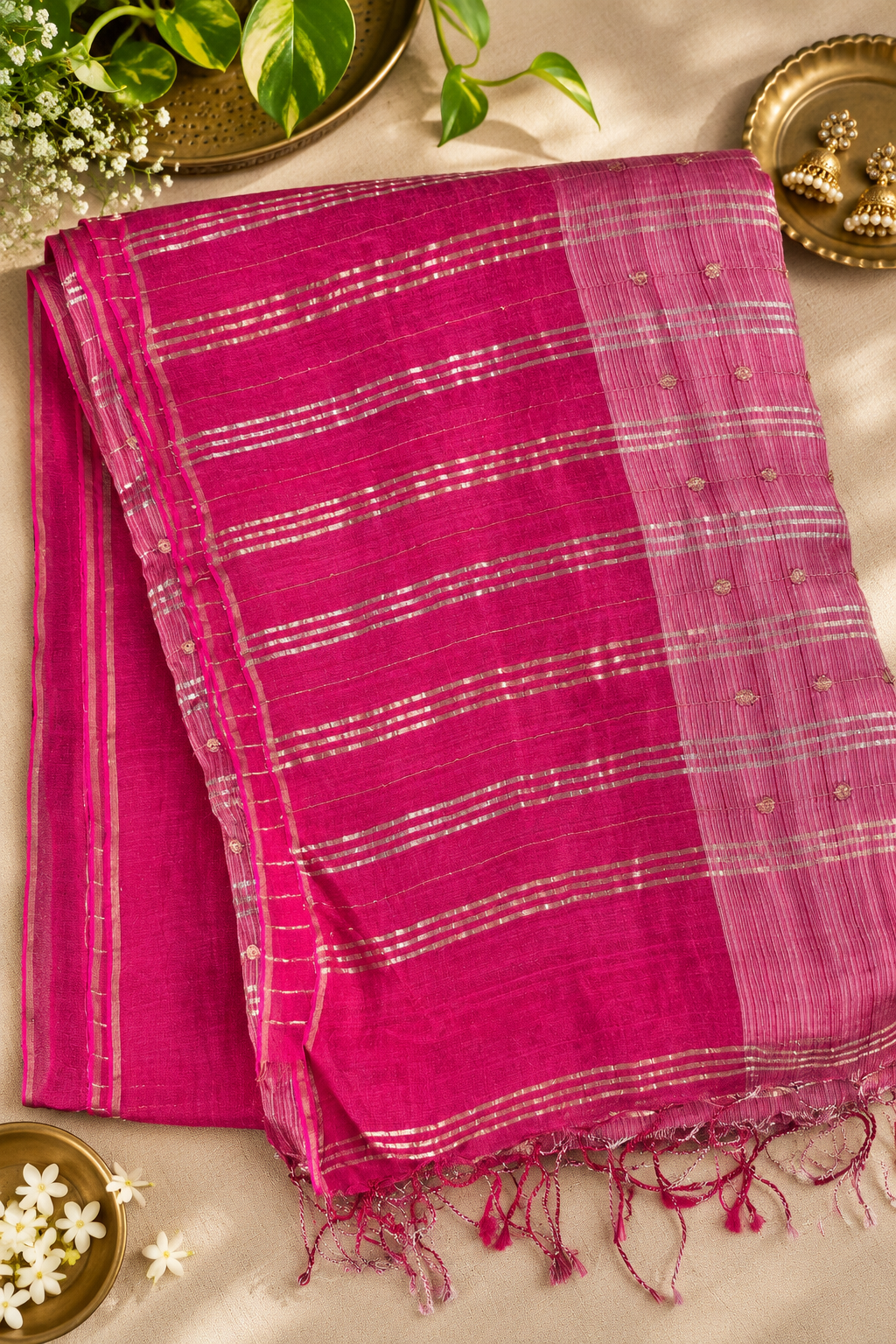 Rani Pink Tussar Saree with Zari and Sequins