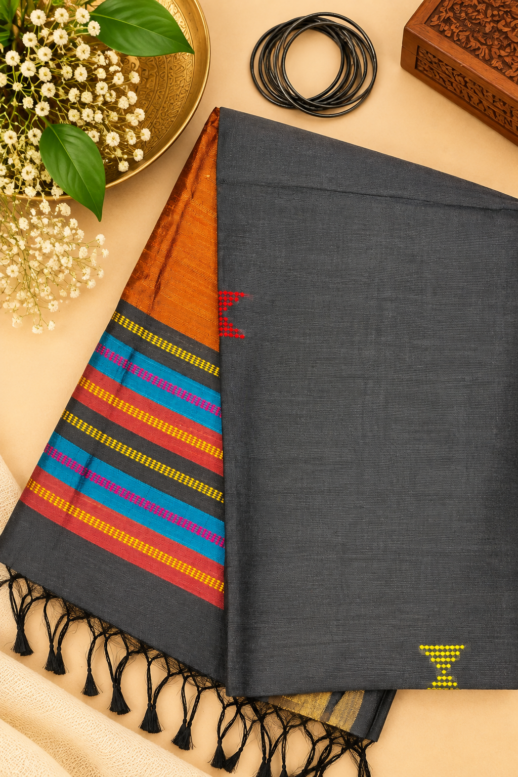 Grey Bawan Buti Eri Silk Saree