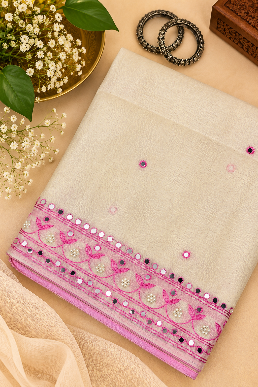 Ivory Half Tussar Saree with Pearl and Hand Aari Work