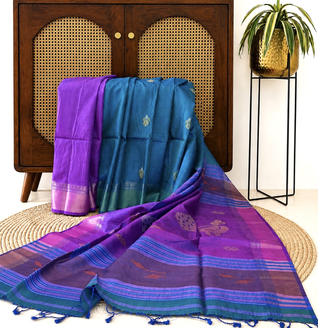 Peacock Green Bawan Buti Tussar Silk Saree