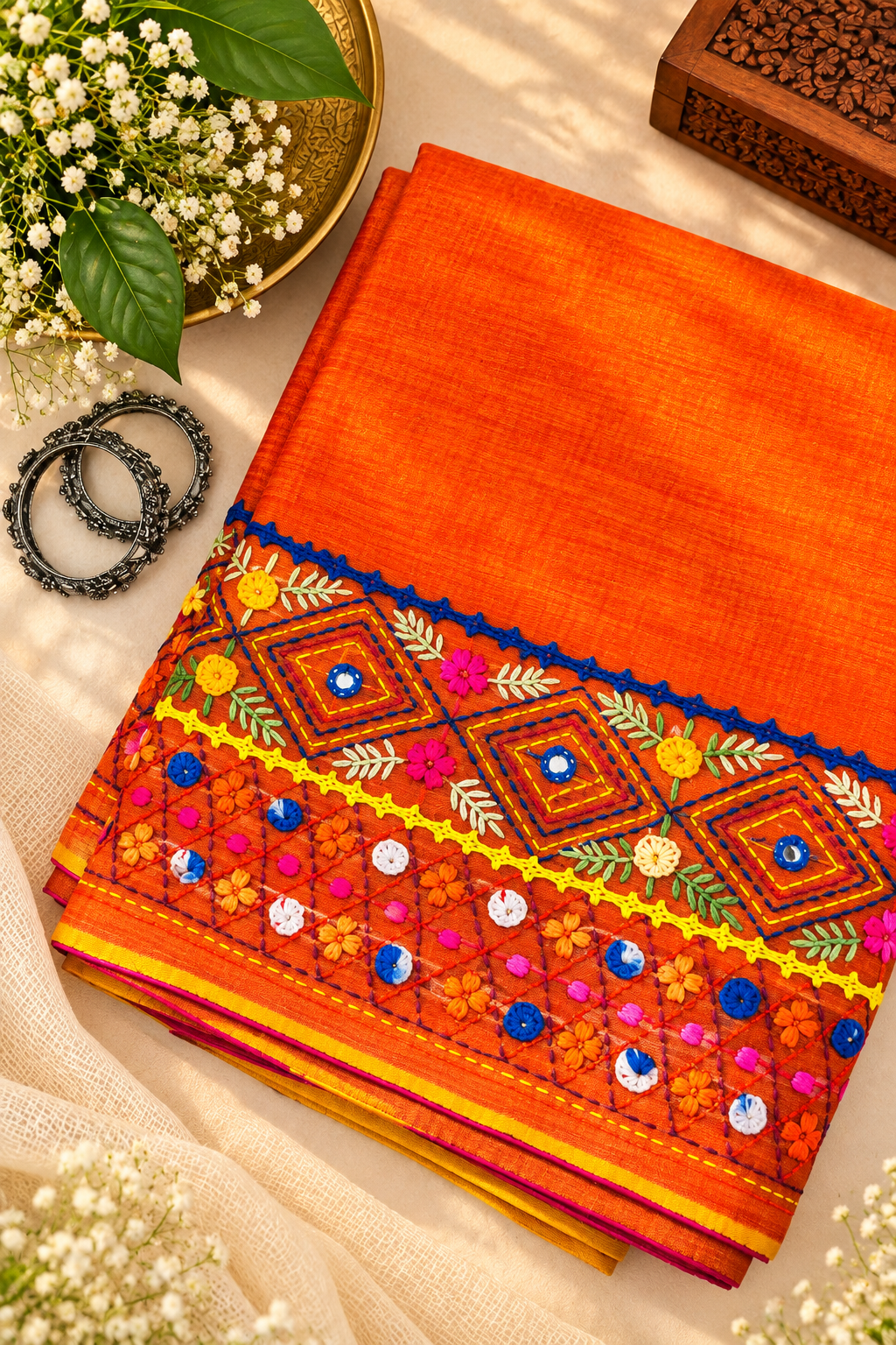 Vivid Orange Kantha Cotton Saree