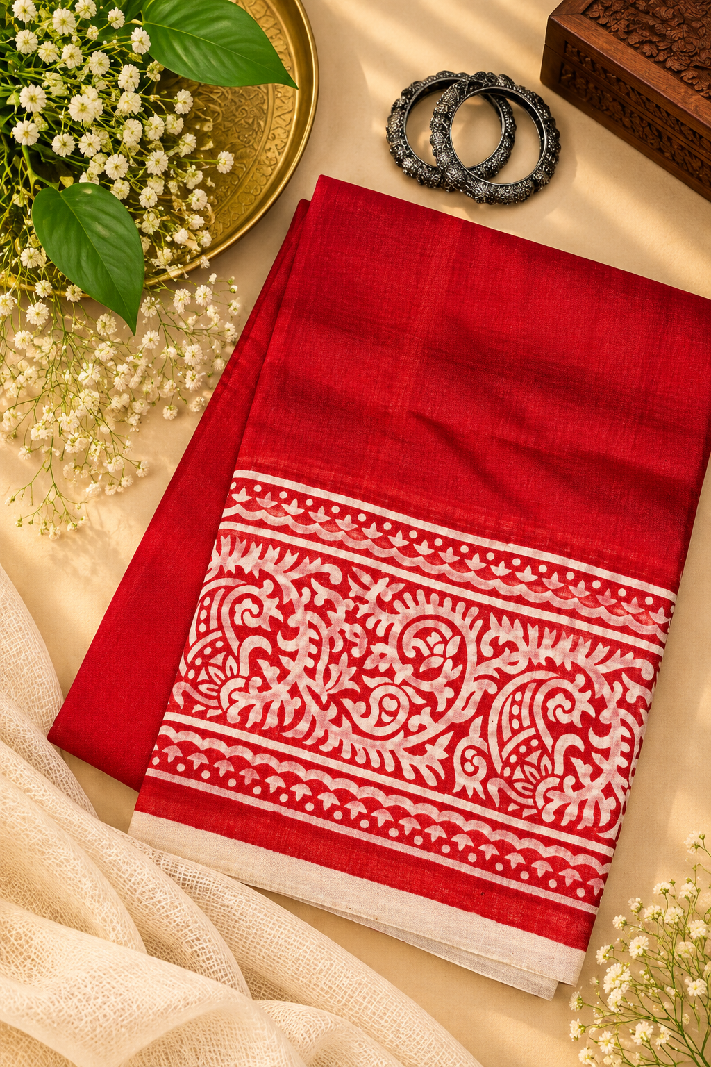 Red Hand Block Pure Silk Saree