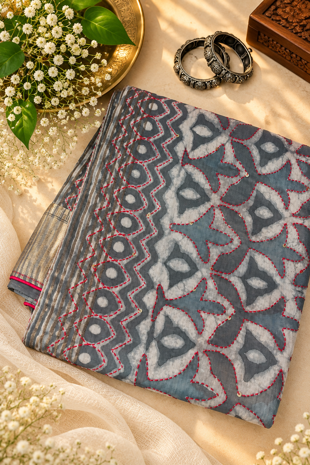 Grey Kantha Soft Silk Saree