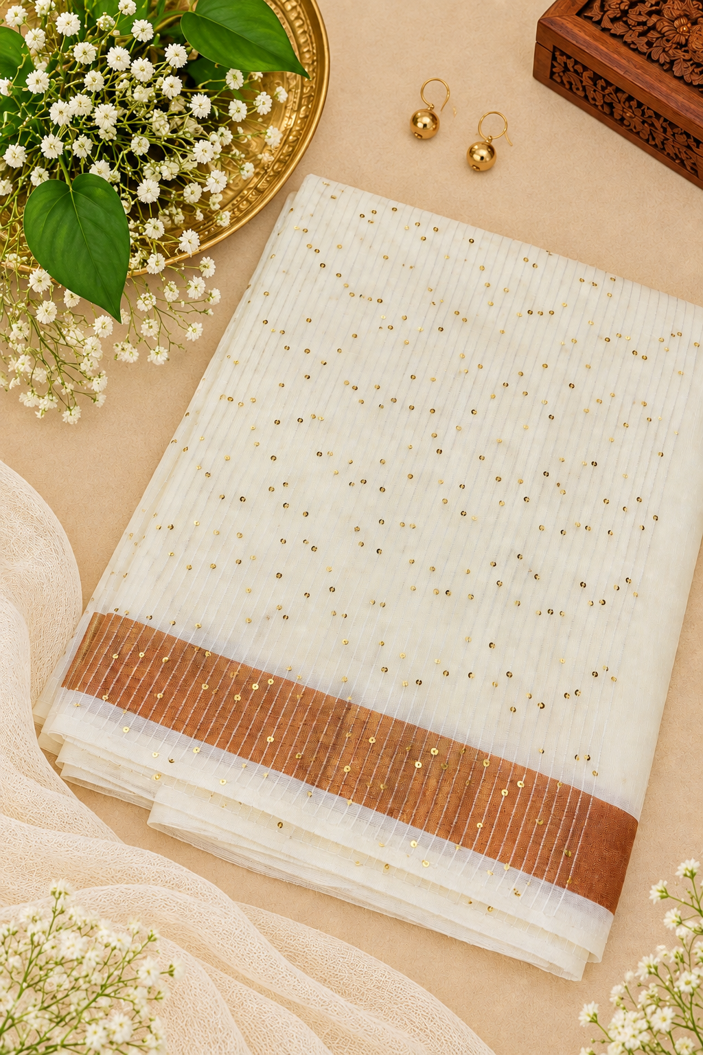 Ivory Mul Cotton Saree with Sequins