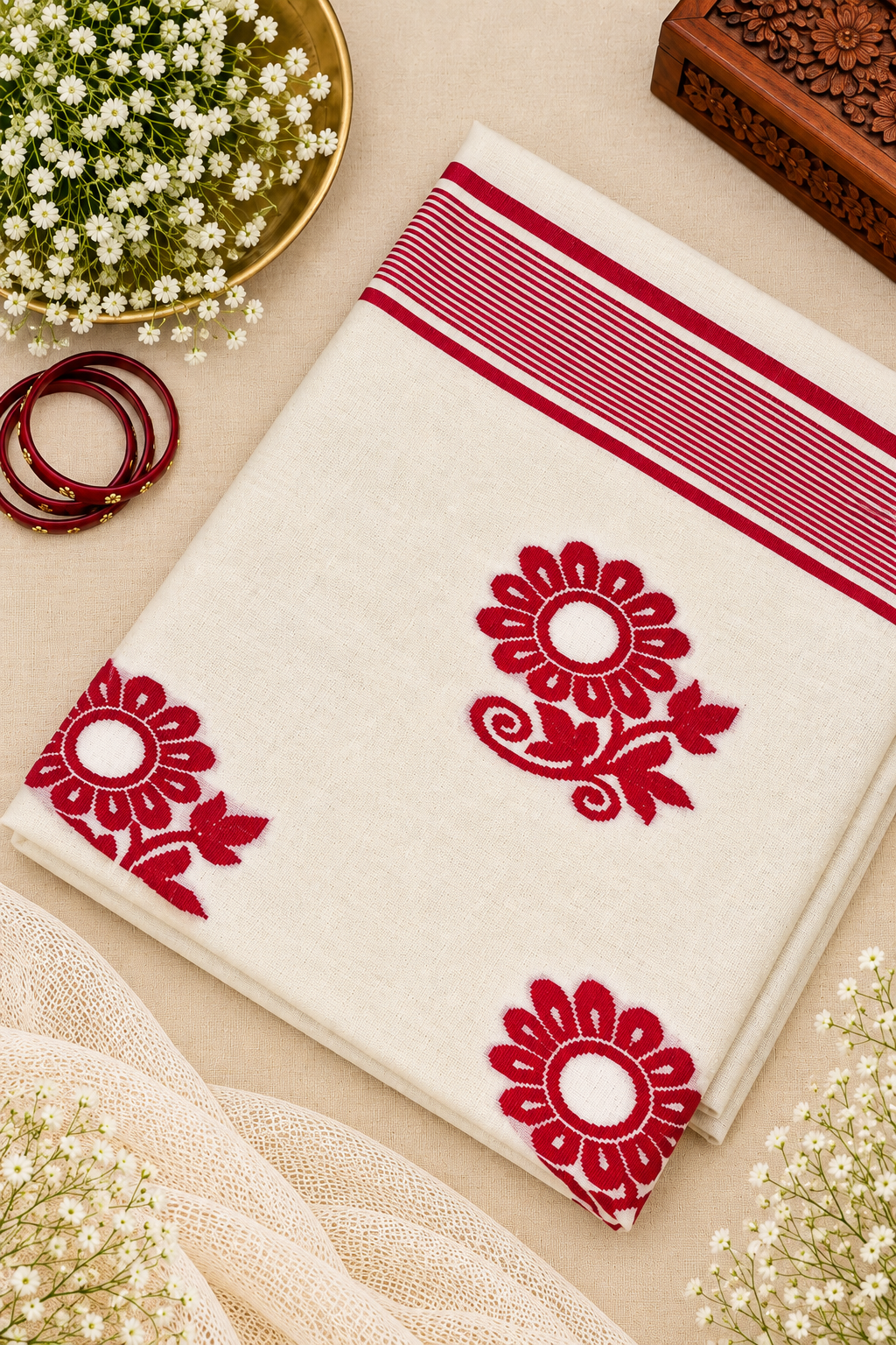 Ivory Mul Cotton Floral Weave Saree