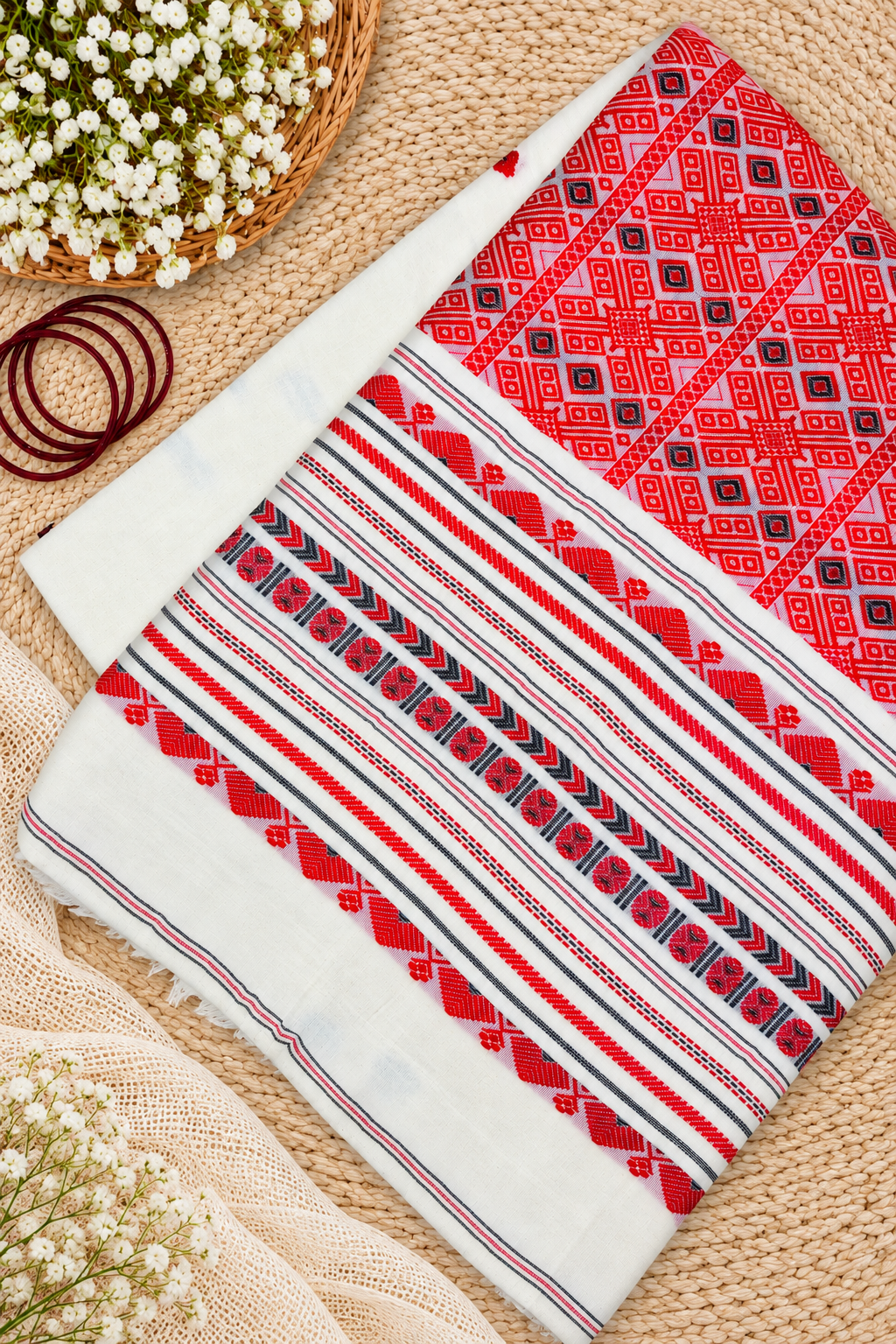 White Bengal Cotton Tangail Saree | Jacquard Border