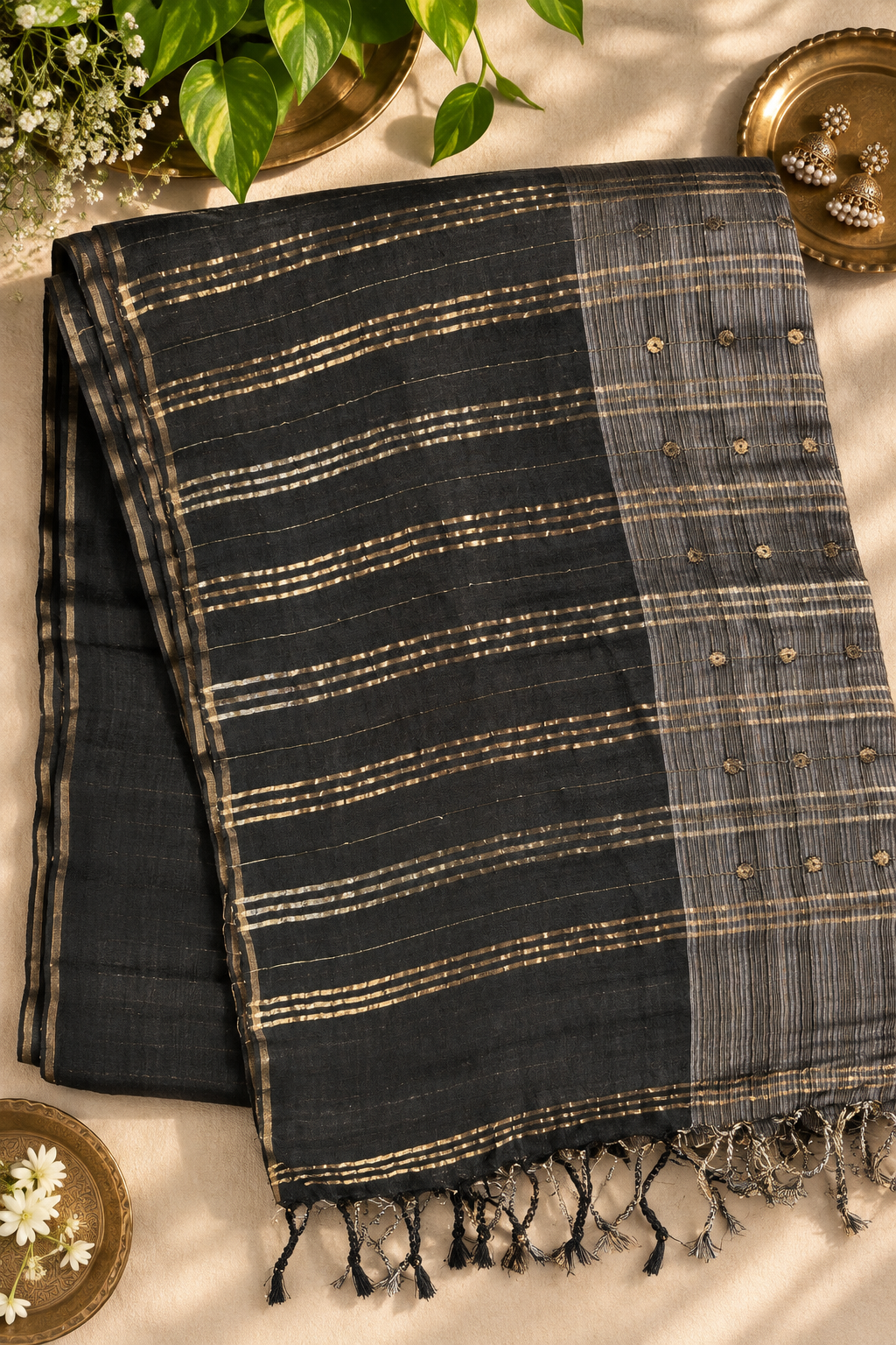 Black Tussar Saree with Zari and Sequins