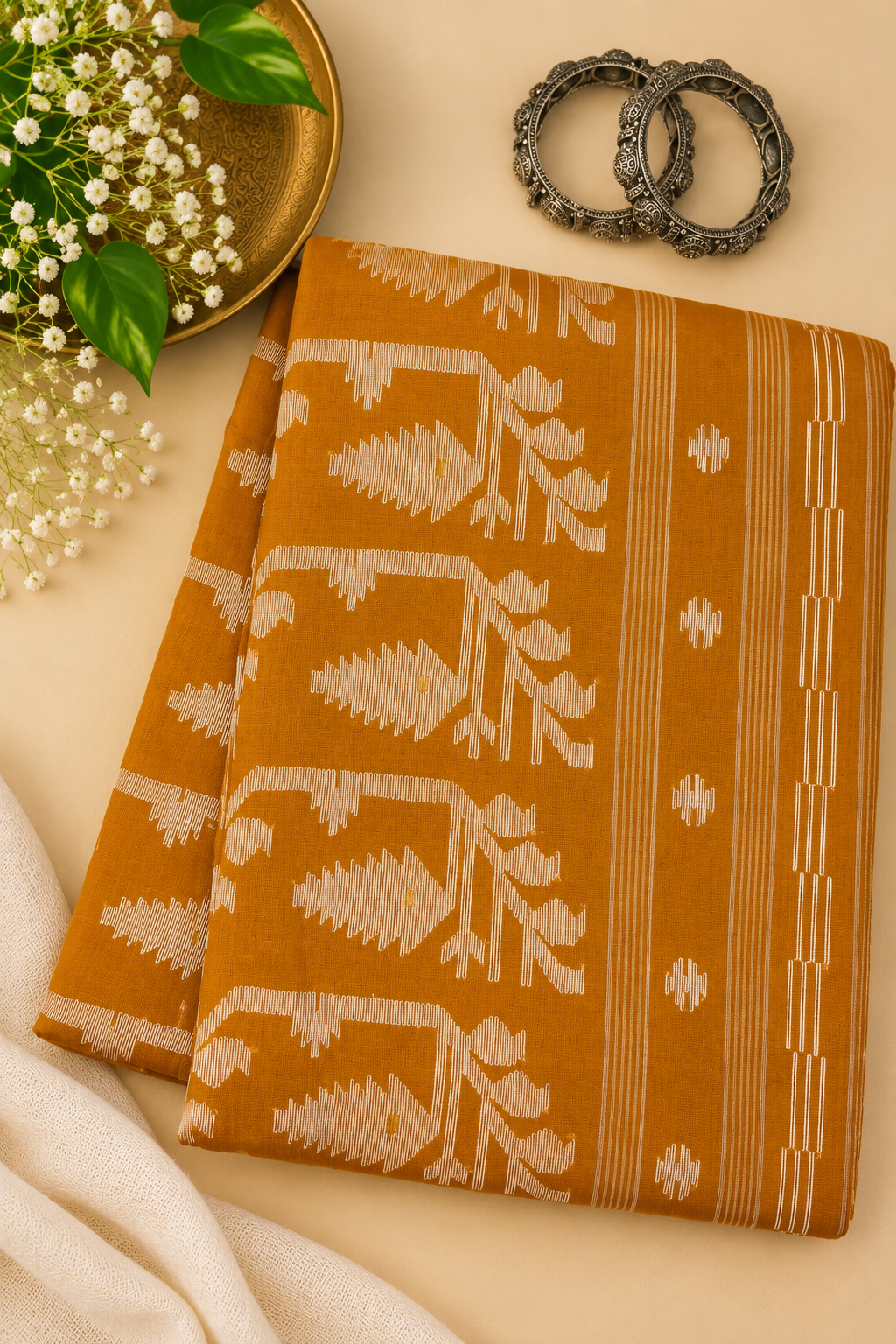 Orange Jamdani Mul Cotton Saree