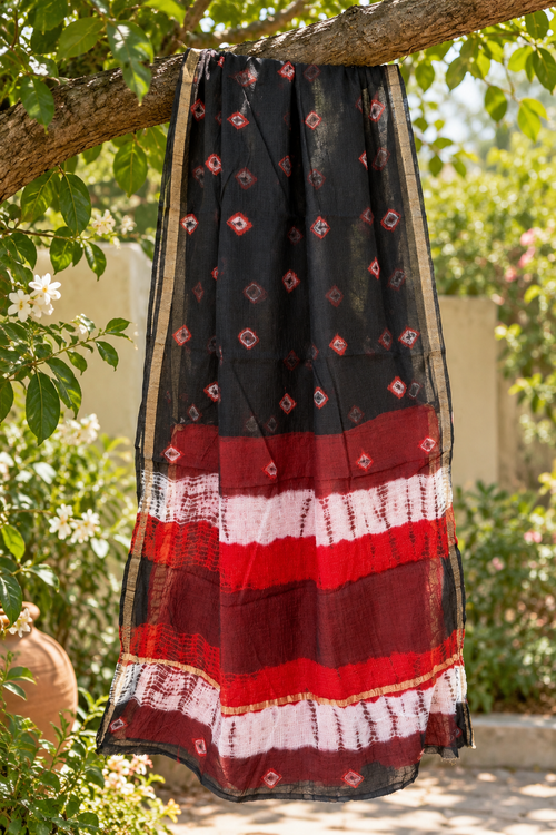 Black Handblock Kota Doria Saree with Red Blouse Fabric