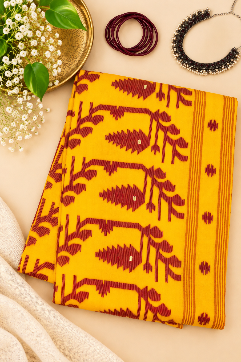 Yellow Jamdani Mul Cotton Saree