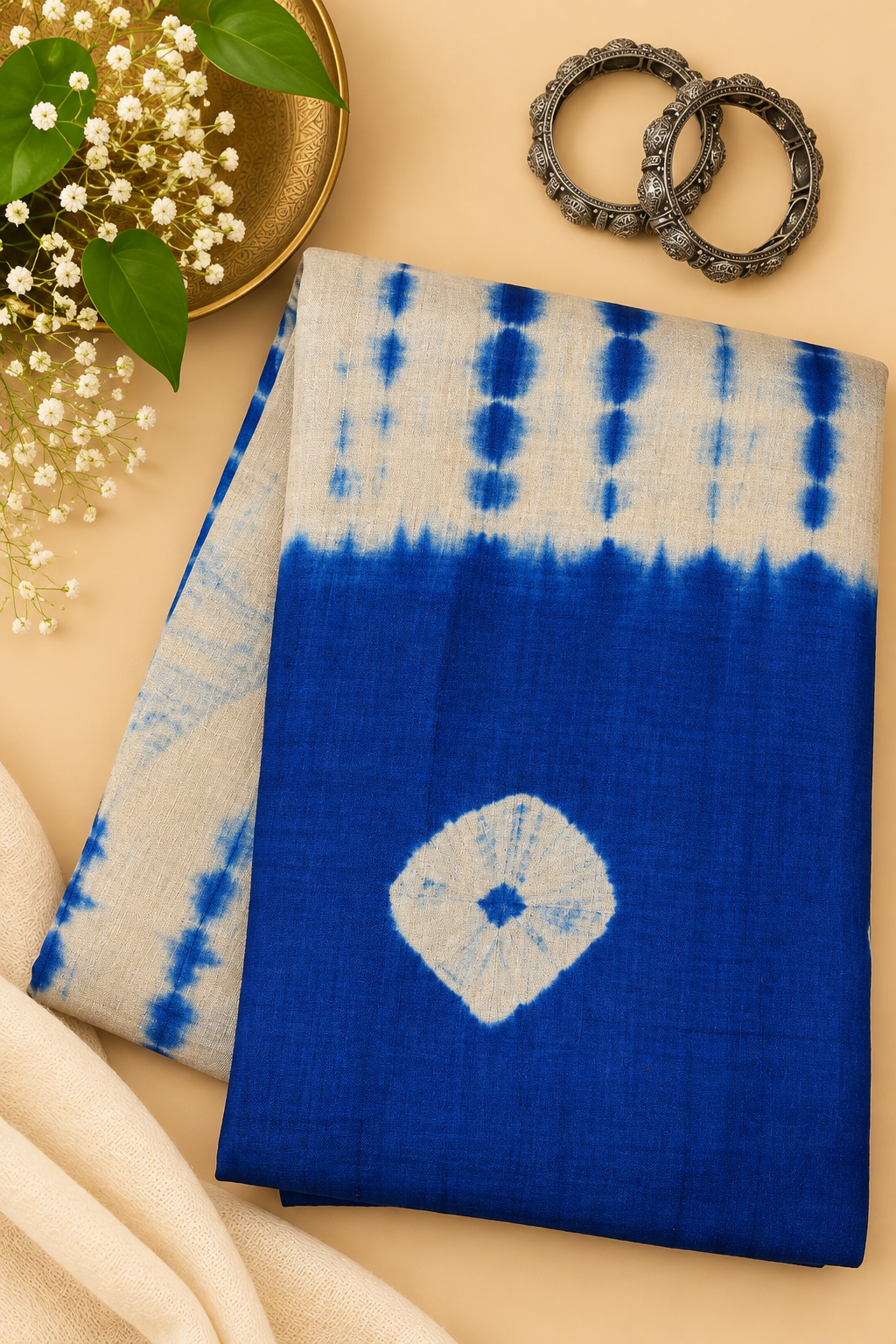 Blue Shibori Tussar Saree with Kalamkari Blouse
