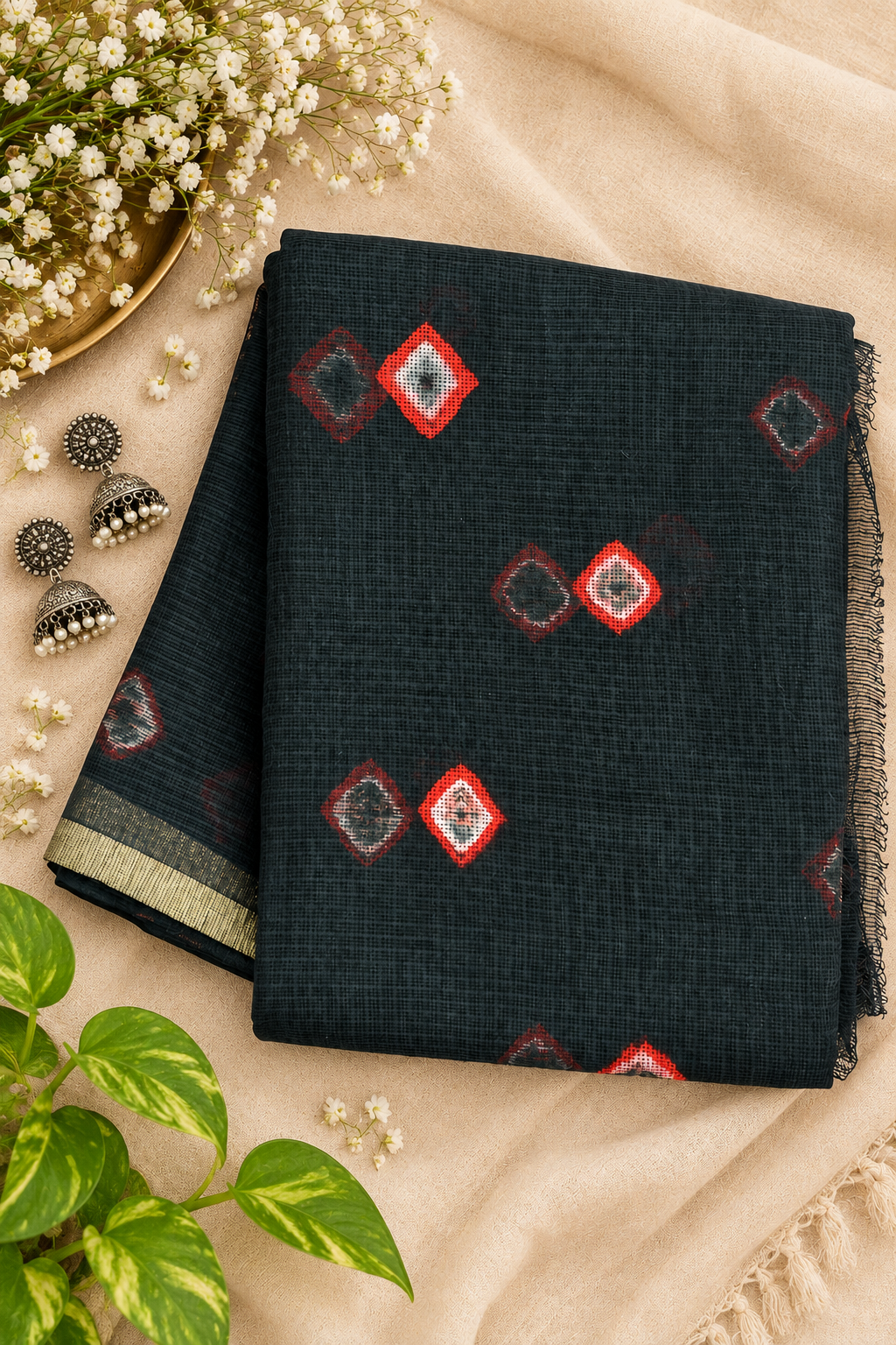 Black Handblock Kota Doria Saree with Red Blouse Fabric