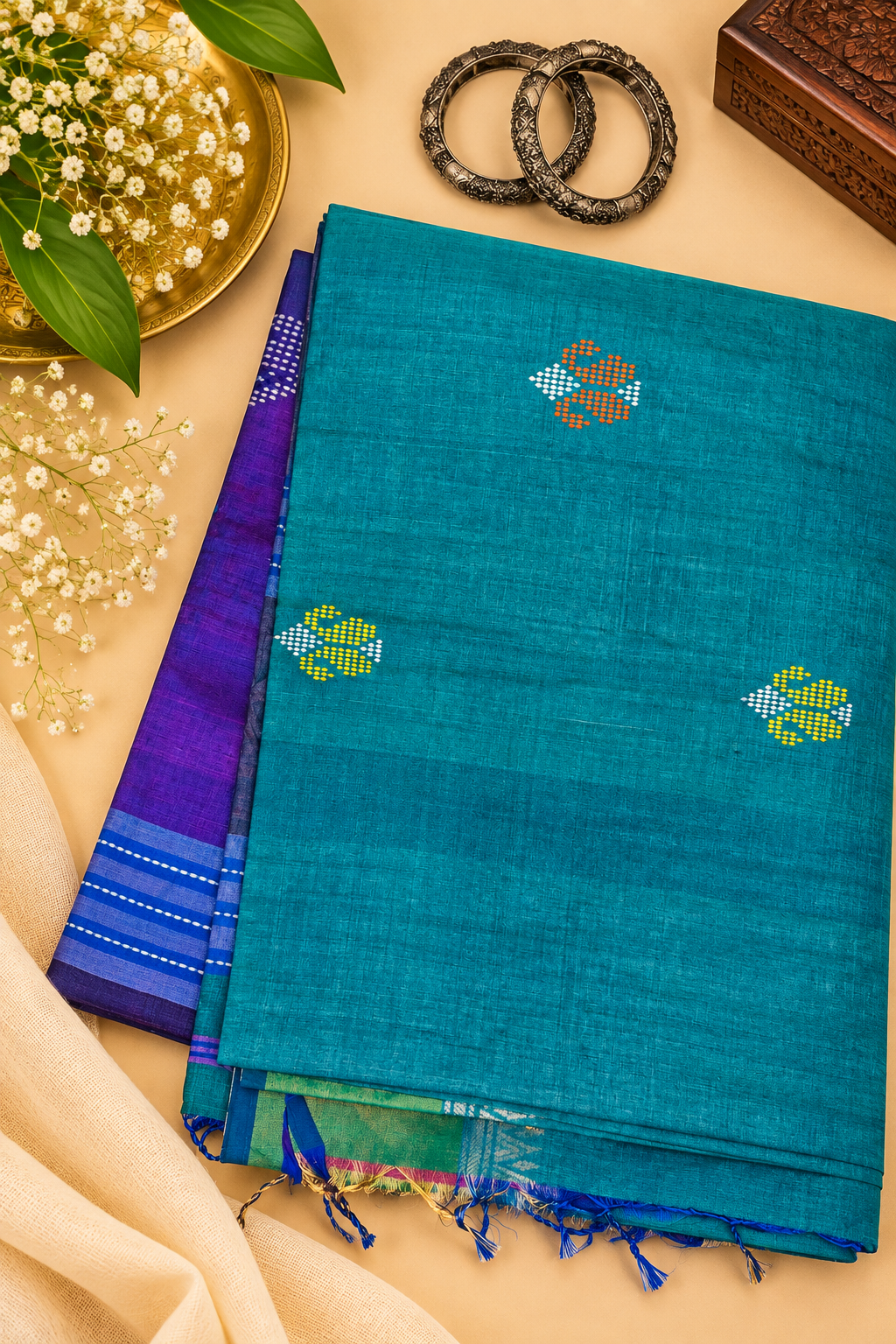 Peacock Green Bawan Buti Tussar Silk Saree