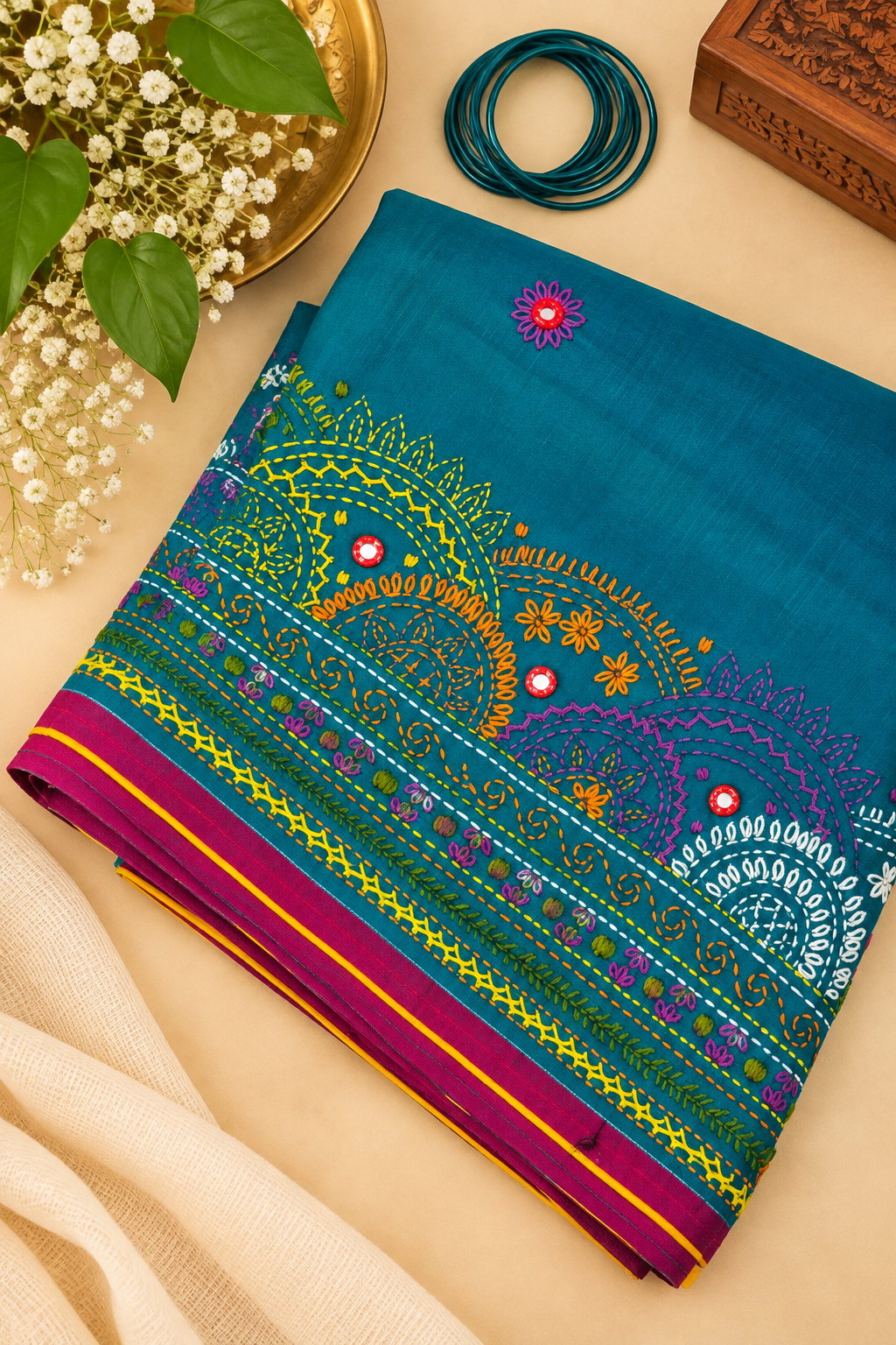 Peacock Green Kantha Cotton Saree