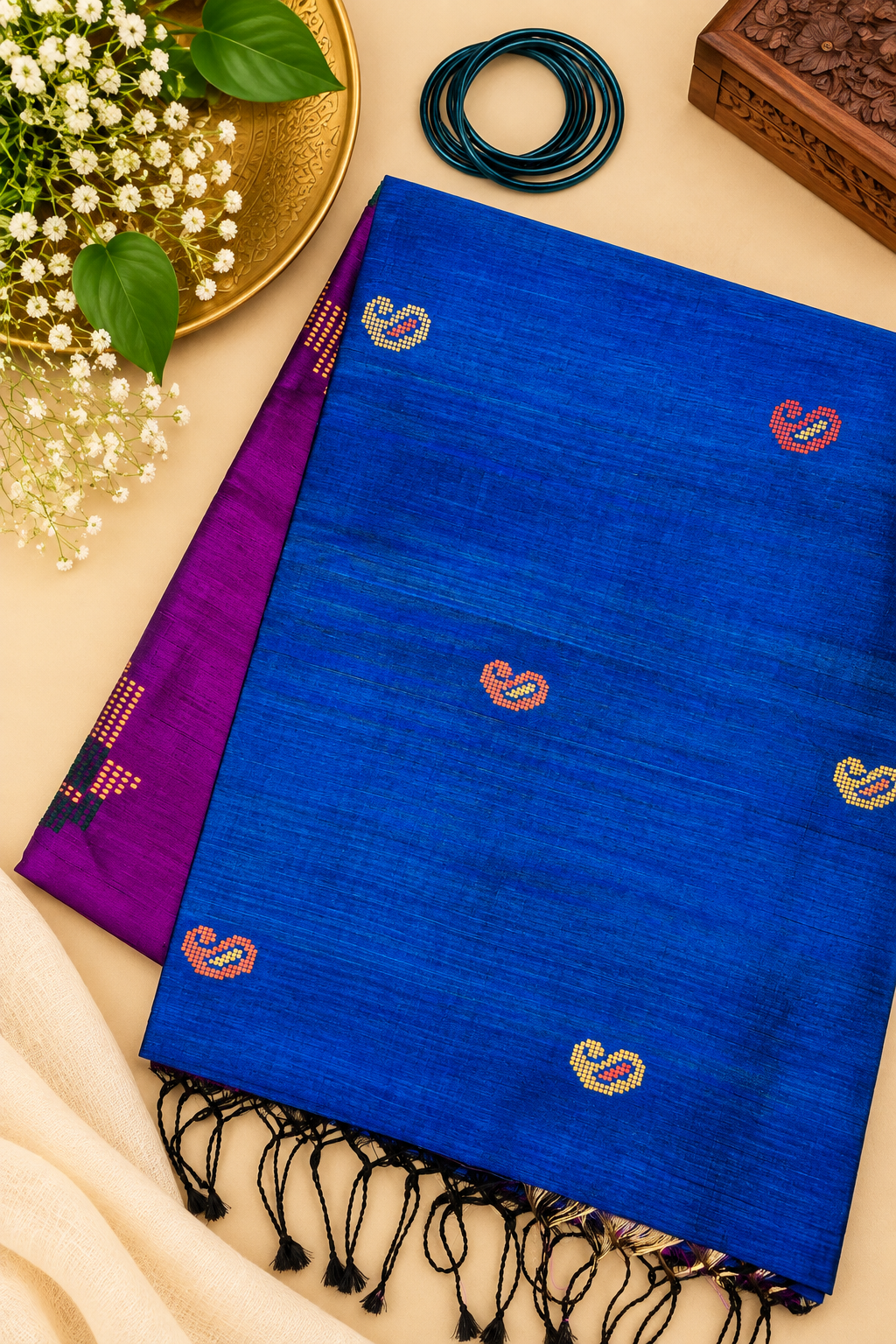 Royal Blue Bawan Buti Tussar Silk Saree