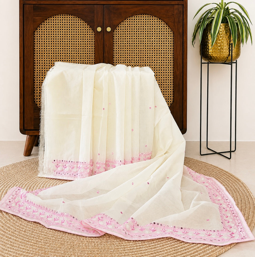 Ivory Half Tussar Saree with Pearl and Hand Aari Work
