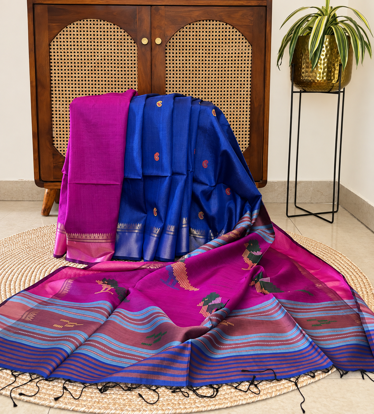 Royal Blue Bawan Buti Tussar Silk Saree