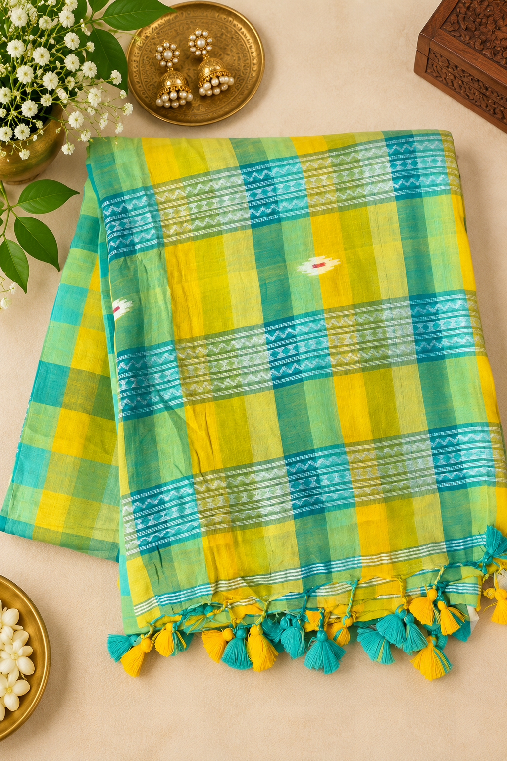 Green-Yellow Checkered Mul Cotton Jamdani Saree – Jindan India