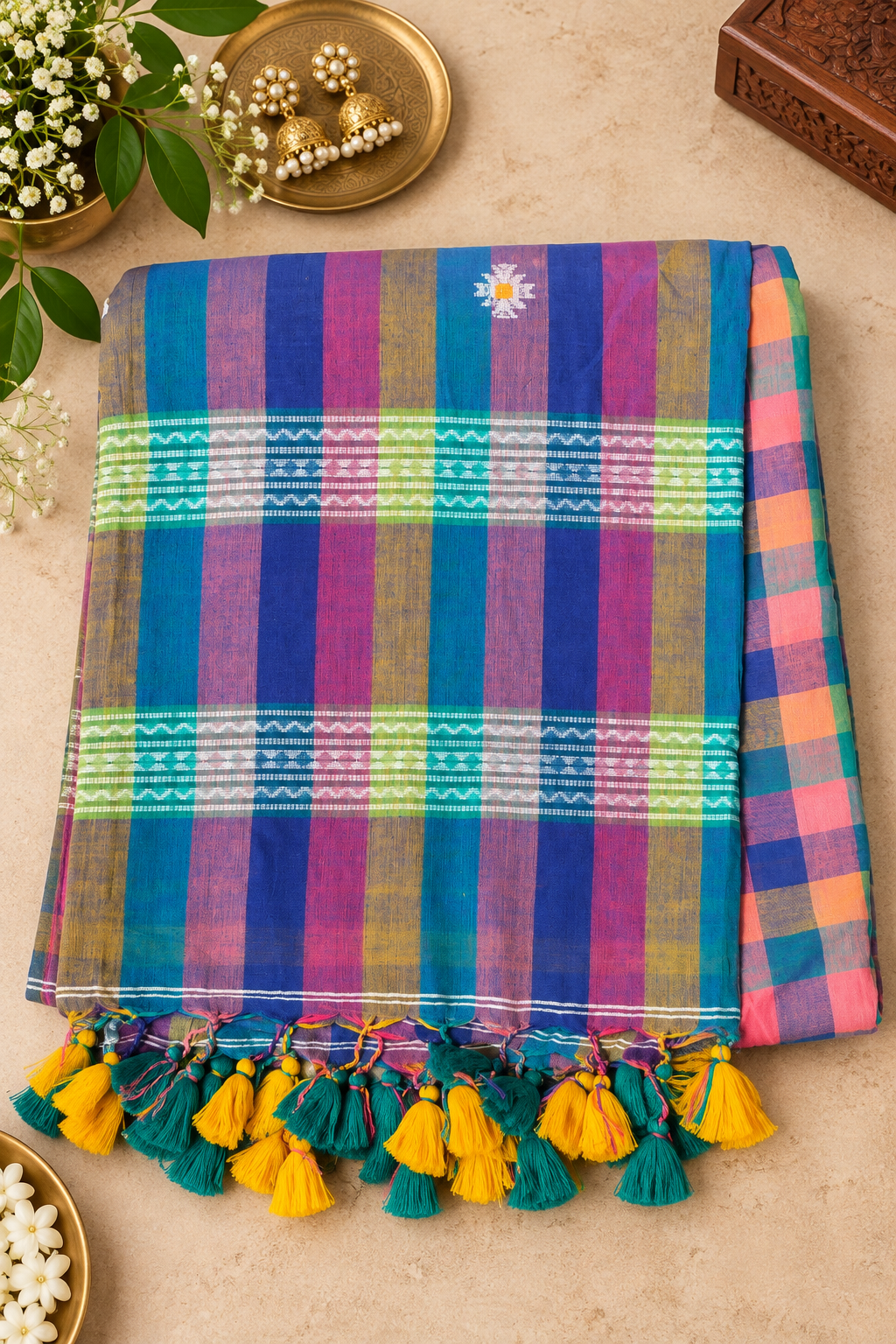 Blue Checkered Mul Cotton Jamdani Saree – Jindan India