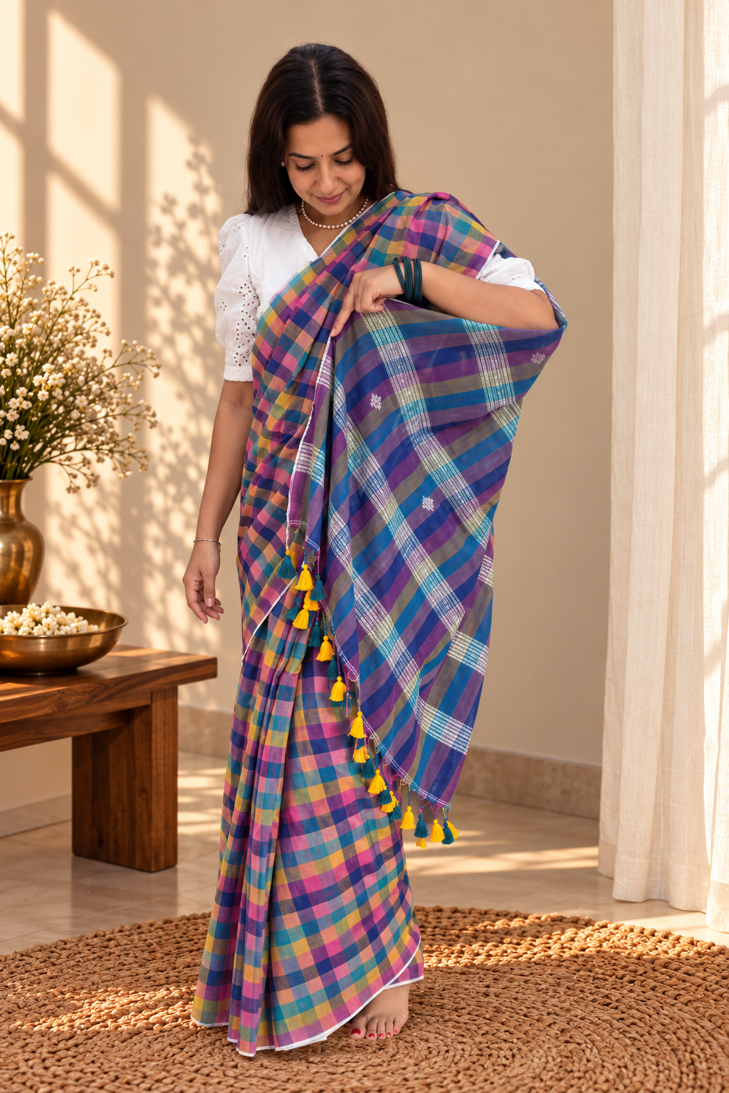 Blue Checkered Mul Cotton Jamdani Saree
