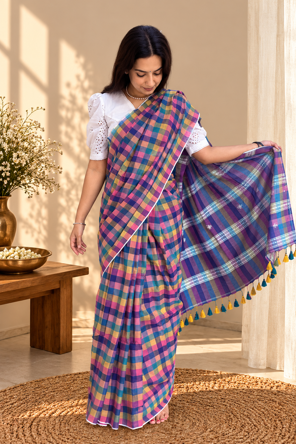 Blue Checkered Mul Cotton Jamdani Saree
