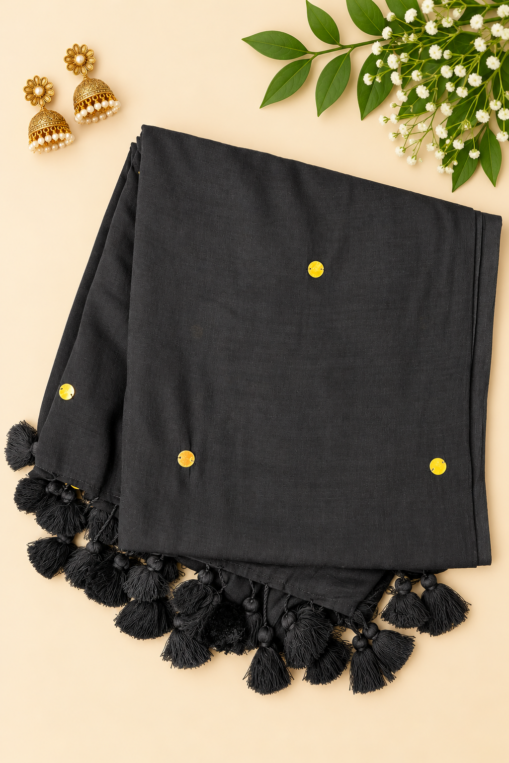 Black Mul Cotton Saree with Big Sequins