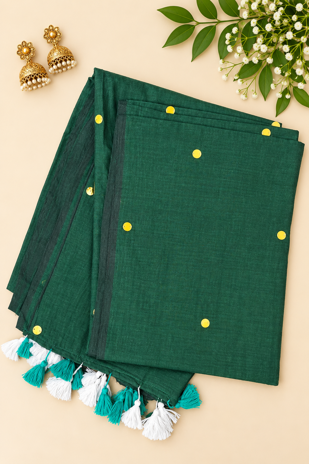 Deep Green Mul Cotton Saree with Big Sequins