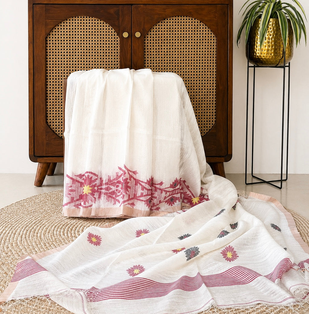 Ivory Jamdani Matka Silk Saree