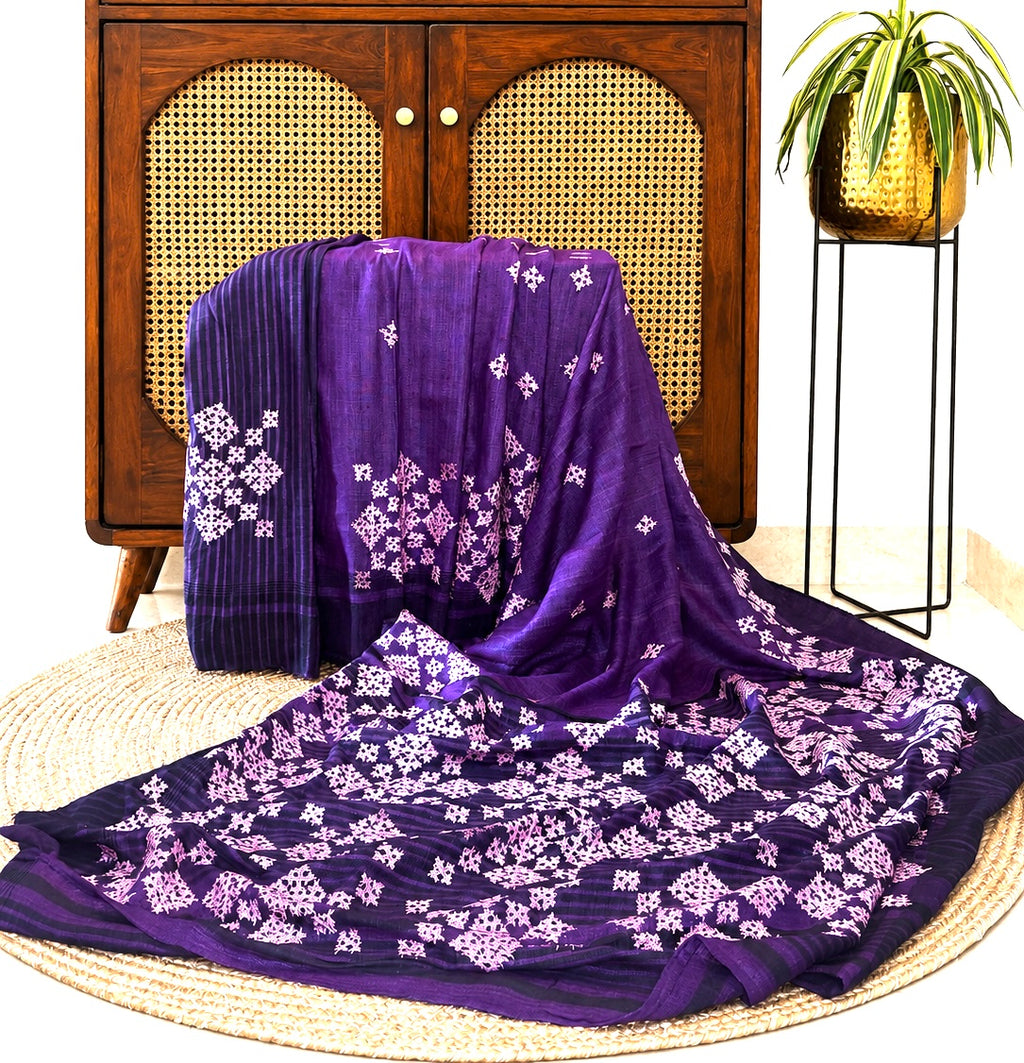 Purple Kutch Sindhi Embroidery Ghicha Silk Saree