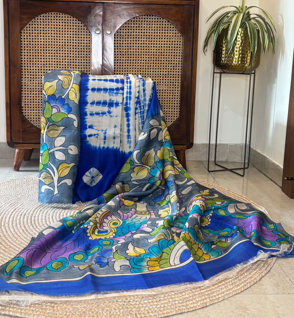 Blue Shibori Tussar Saree with Kalamkari Blouse