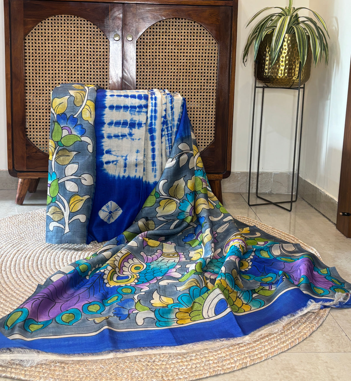 Blue Shibori Tussar Saree with Kalamkari Blouse