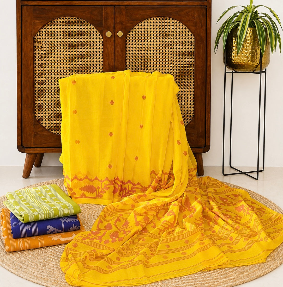 Deep Blue Jamdani Mul Cotton Saree