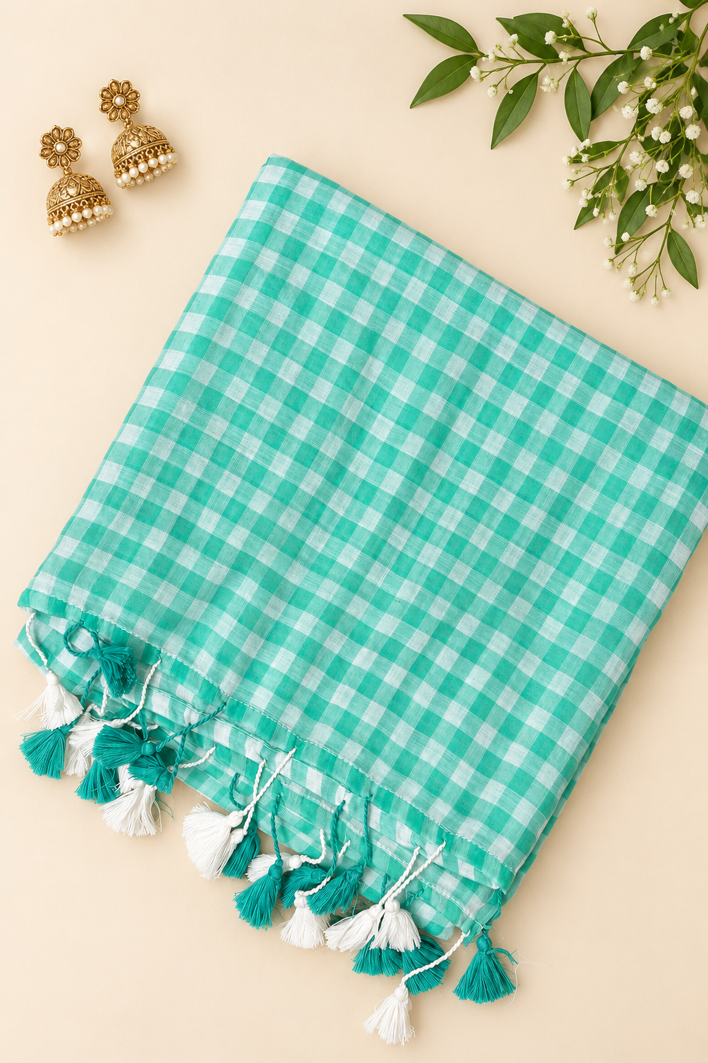 Mint Green Checkered Mul Cotton Saree with Tassels