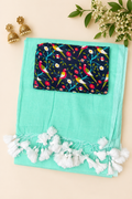 Mint Green Mul Cotton Saree with Blue Printed Blouse Piece