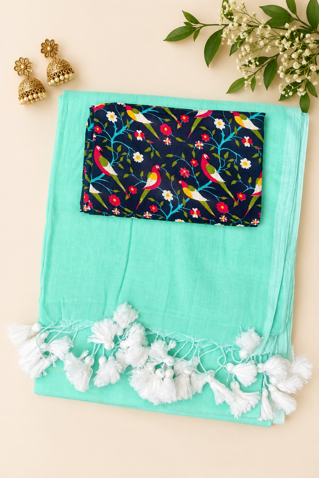 Mint Green Mul Cotton Saree with Blue Printed Blouse Piece