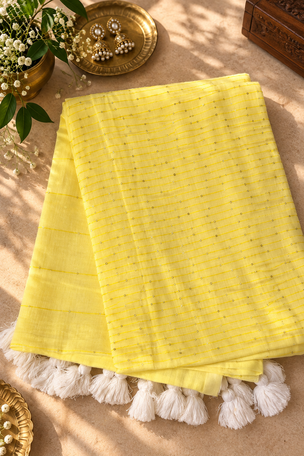 Yellow Mul Cotton Saree with Sequins