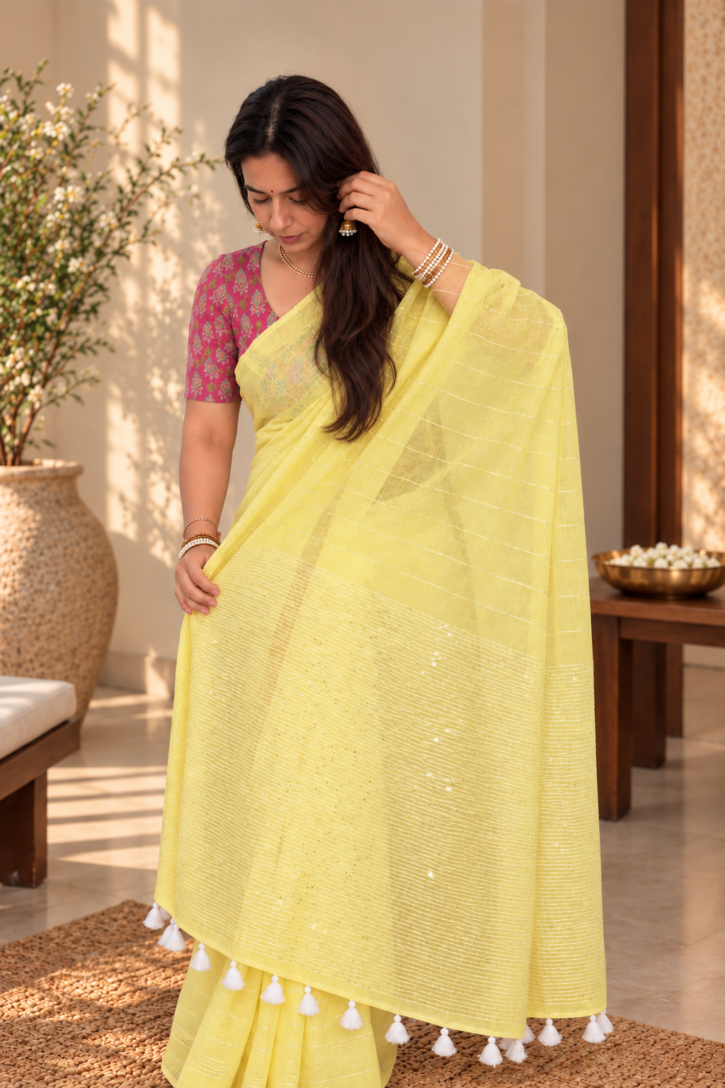 Yellow Mul Cotton Saree with Sequins