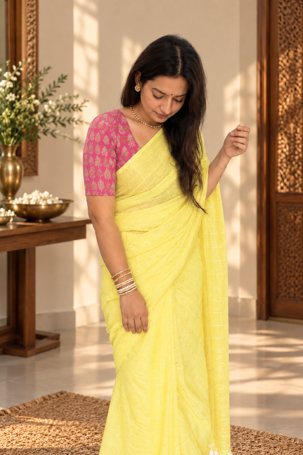Yellow Mul Cotton Saree with Sequins