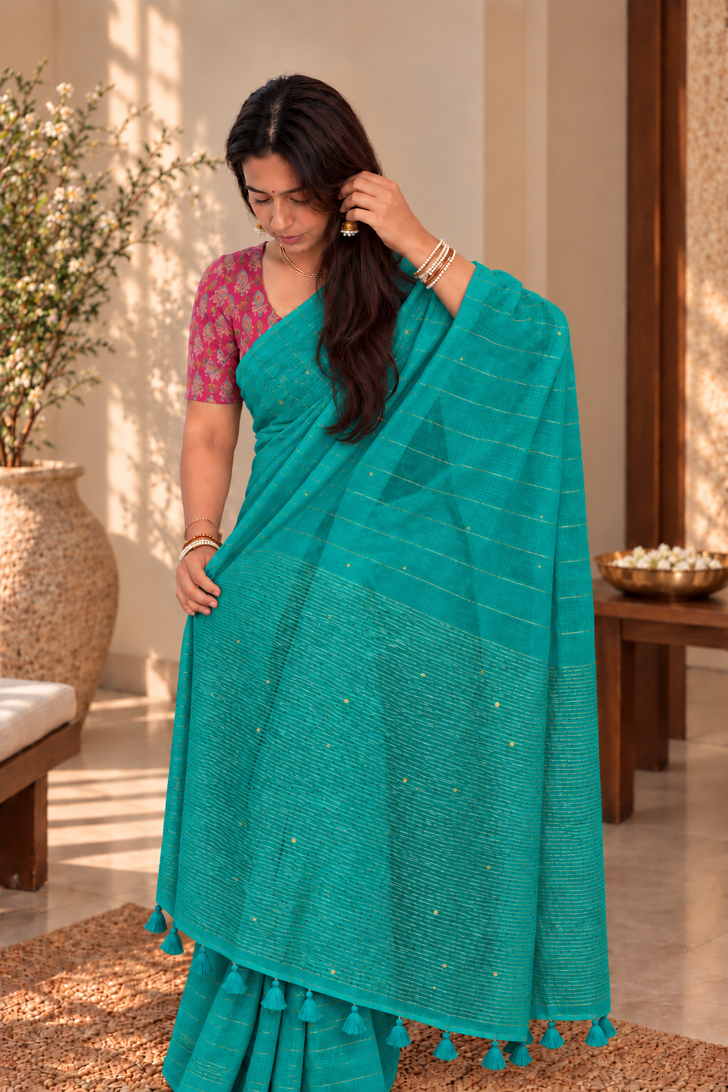 Teal Green Mul Cotton Saree with Sequins