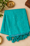 Teal Green Mul Cotton Saree with Sequins