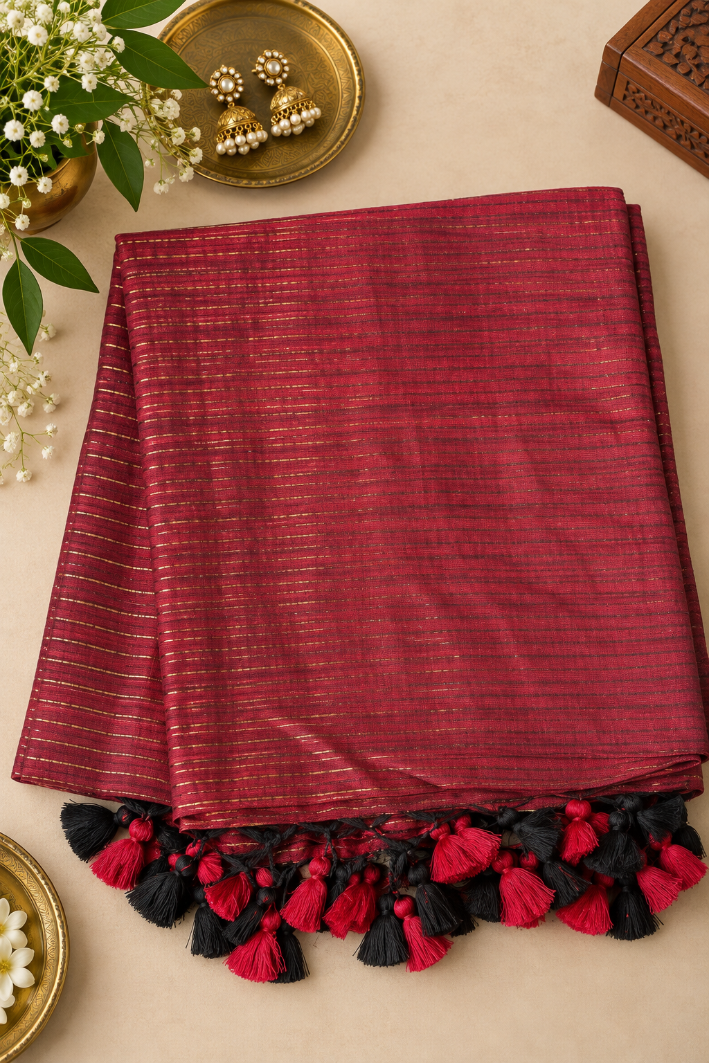 Maroon Mul Cotton Saree with Zari work