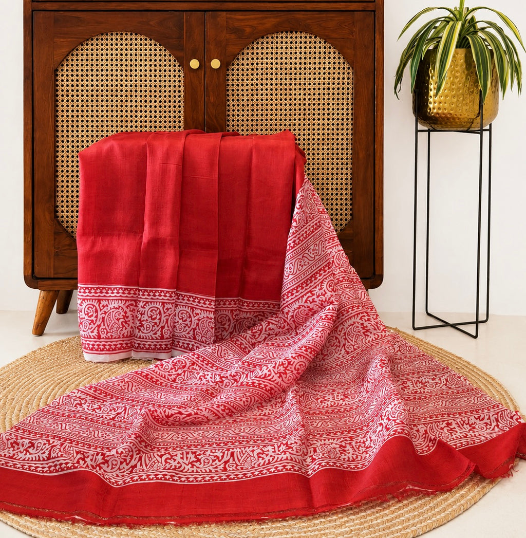 Red Hand Block Pure Silk Saree