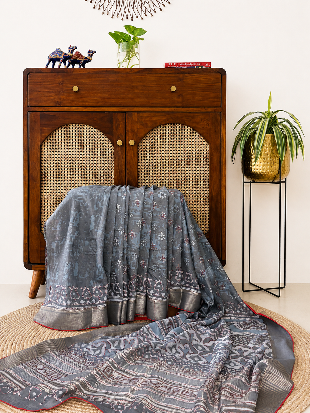 Grey Kantha Soft Silk Saree