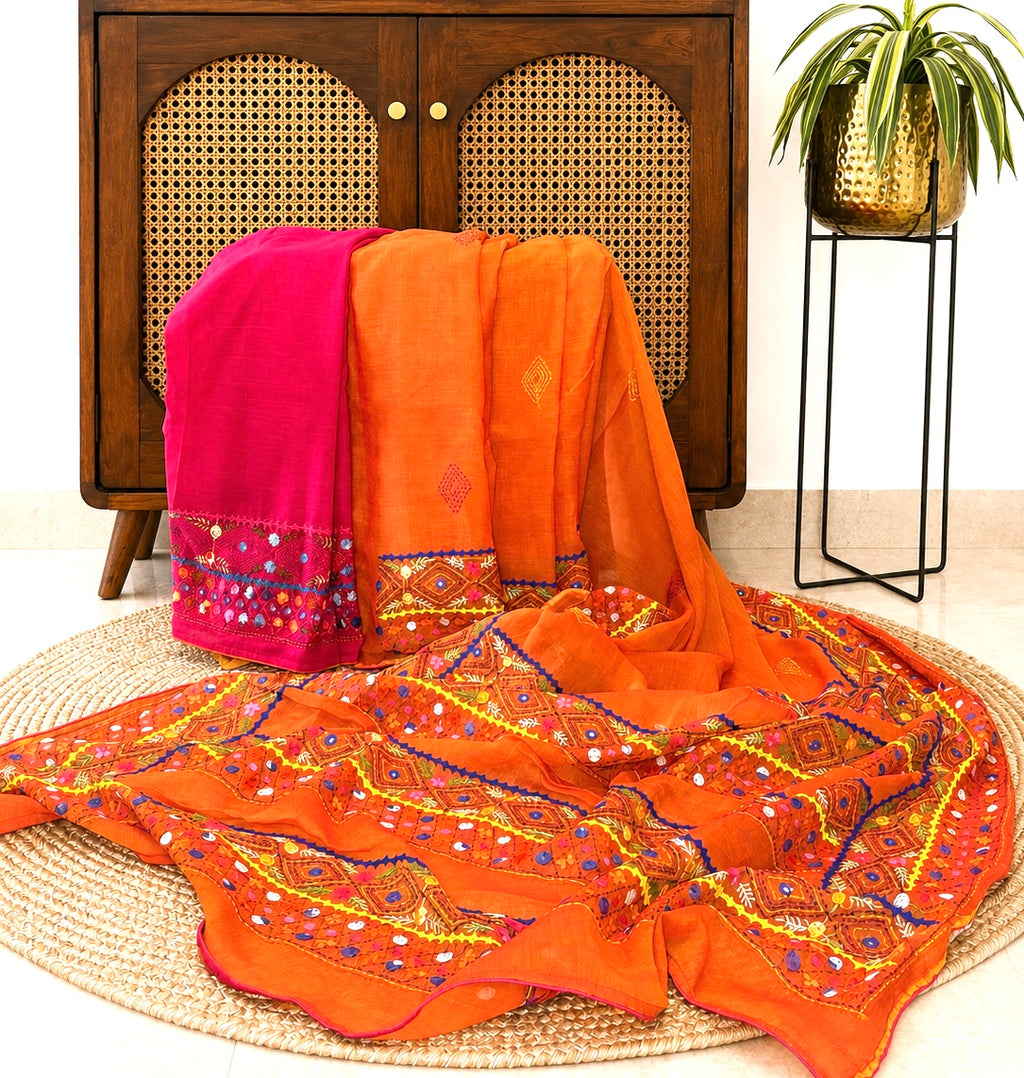 Vivid Orange Kantha Cotton Saree