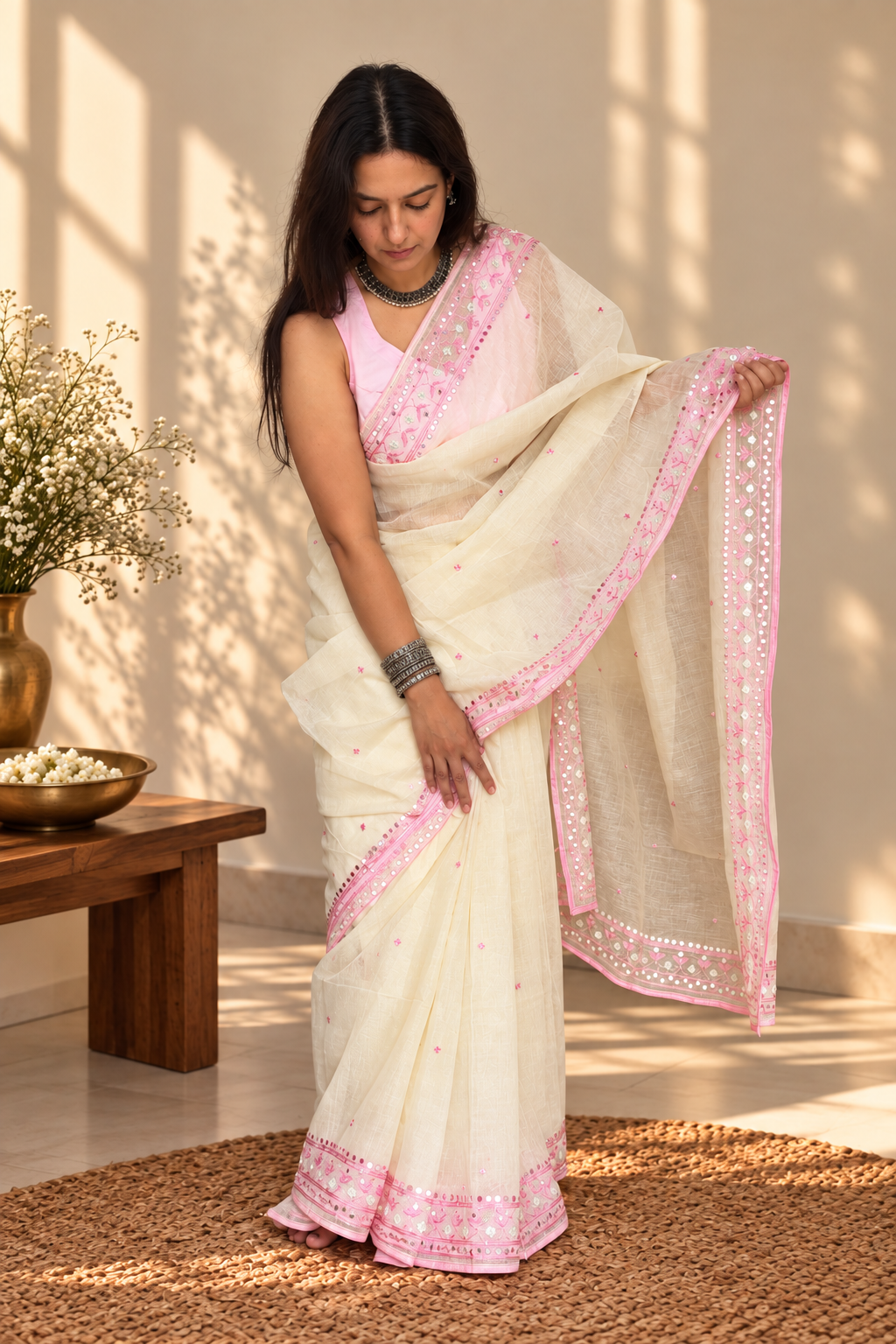 Ivory Half Tussar Saree with Pearl and Hand Aari Work