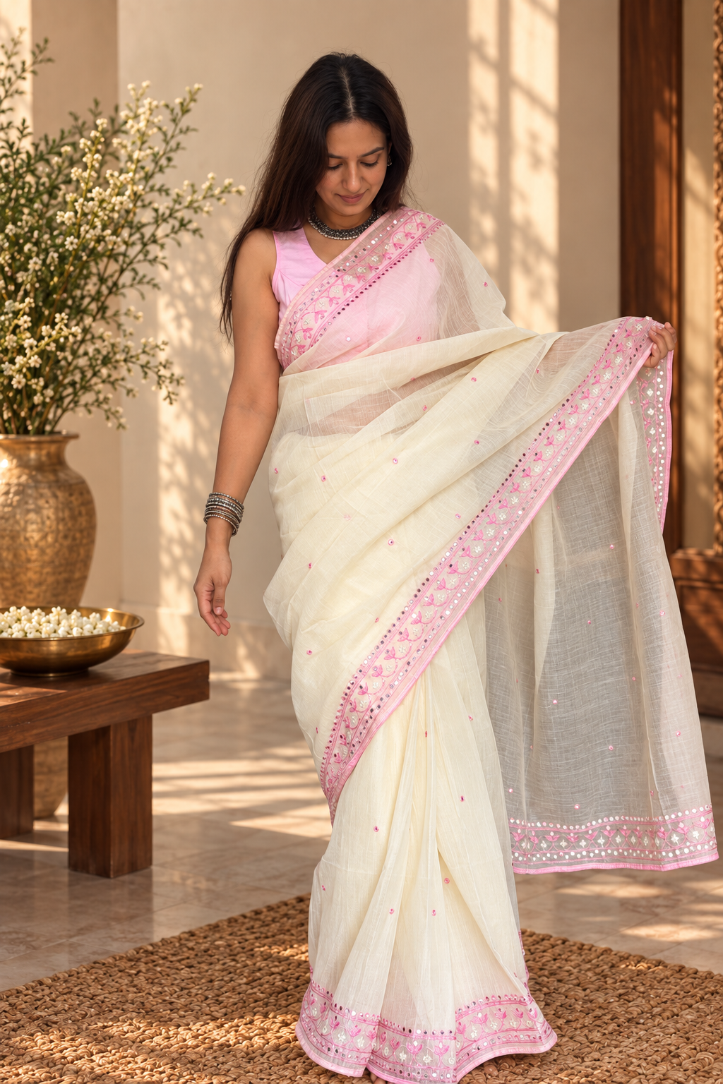Ivory Half Tussar Saree with Pearl and Hand Aari Work