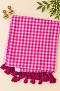 Plum Checkered Mul Cotton Saree with Tassels