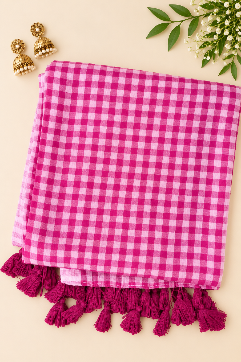Plum Checkered Mul Cotton Saree with Tassels