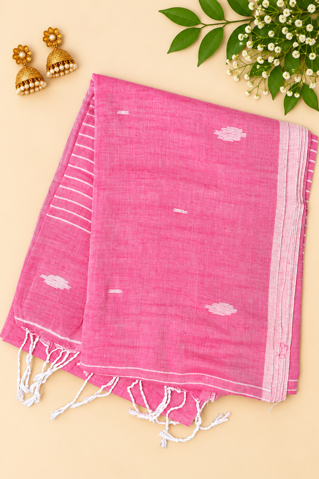 Pink Jamdani Mul Cotton Saree with Stripes on Palla