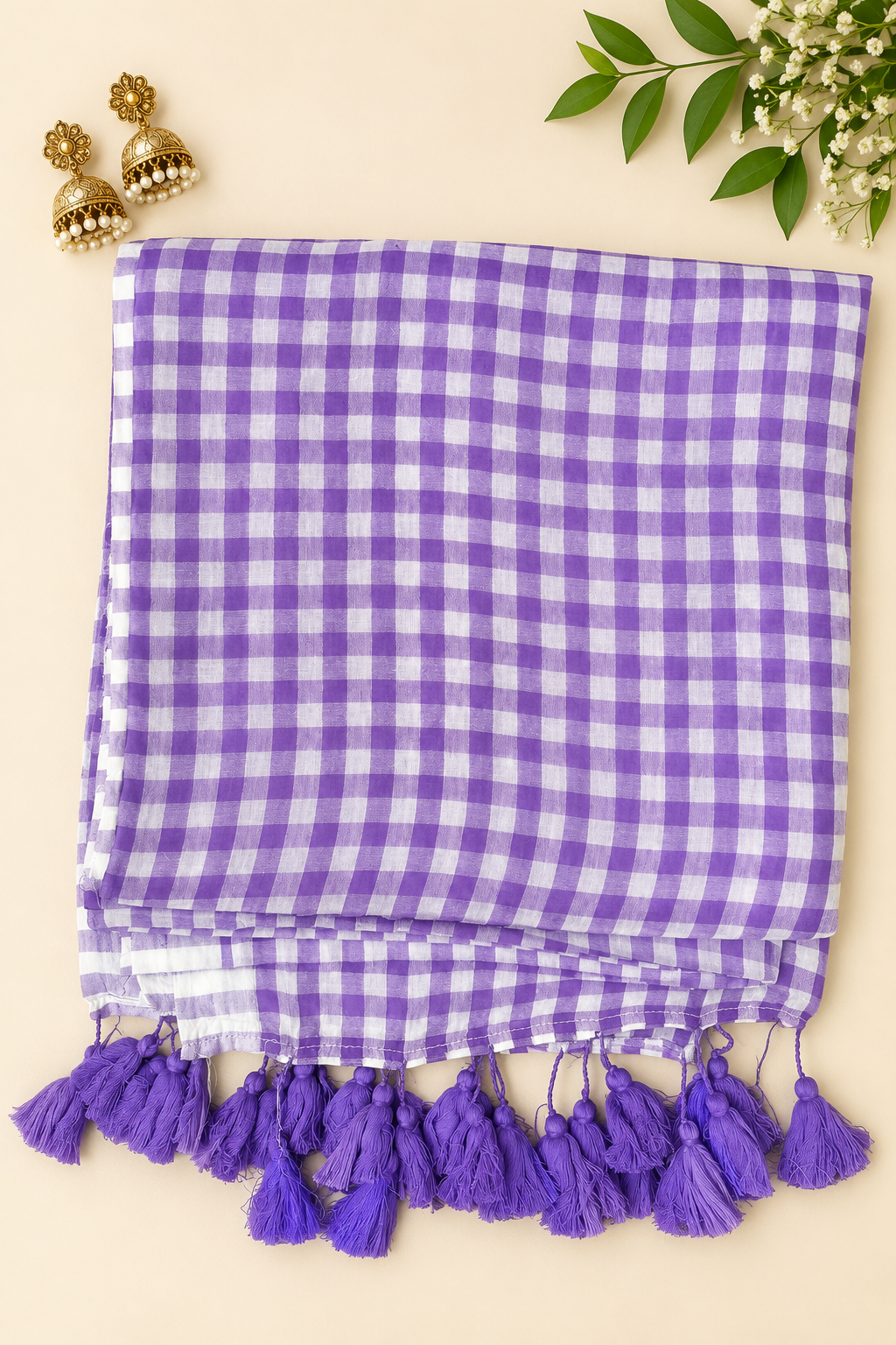 Purple Checkered Mul Cotton Saree with Tassels
